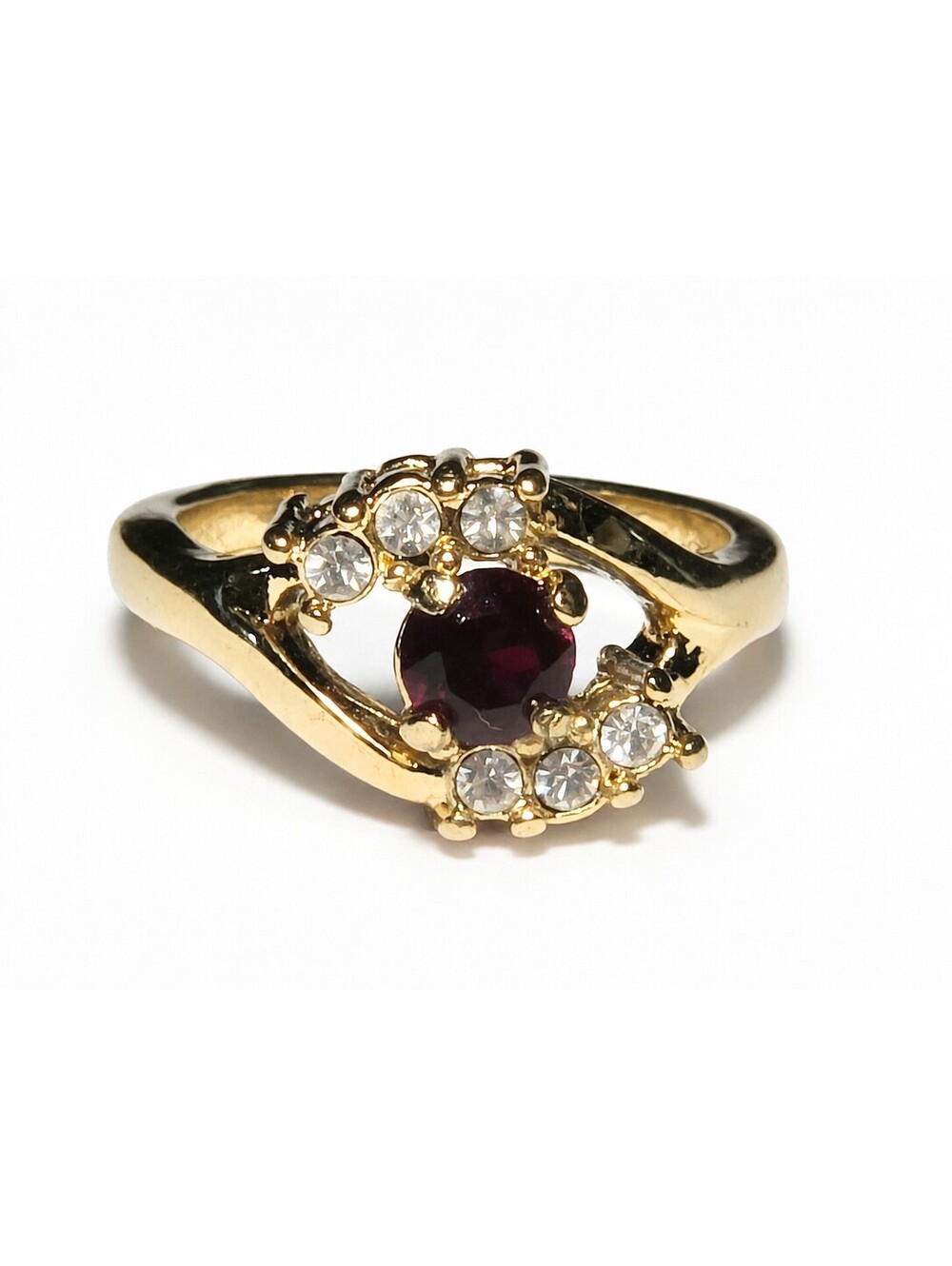SETA Ruby Red Rhinestone Gold Tone Swirl Cocktail Ring Size 6.25